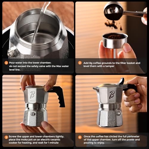 Image of Bincoo Small Italian Moka Pot 1 Cup - Stovetop Espresso Maker for Rich Coffee,316 Stainless Steel - Three-Valve Pressure Boosting Design (1, Cups)
