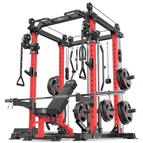 Power Rack Power Cages Multi-Function Squat Rack with Cable Crossover System Selectable More Training Attachment Weight Cage for Garage Home Gym (Red, C Set L02+Weight Bench+（Pole+Cast Iron） 182LBS)