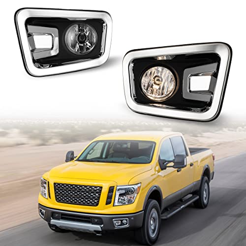 Nixon Offroad Fog Light Set for 2016-2019 Nissan Titan w/Bulbs H11 12V 55W + Bezel Cover + Wiring Kit + Universal Switch, Driving Fog Light Lamp Assembly, Clear Lens Pair of Fog Lights Left + Right