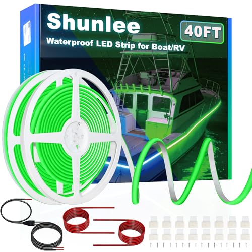 SHUNLEE Led Boat Lights Green 40FT, IP67 COB Waterproof Marine Pontoon Led Lights, Boat Interior Strip Lights for Pontoon, Deck, Night Fishing, Kayak, RV, Bass (40FT-Green)
