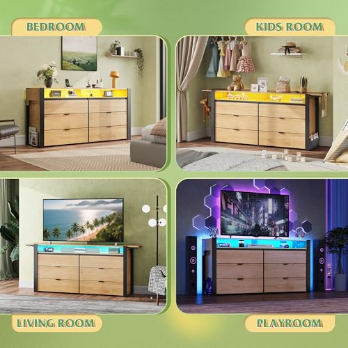 WLIVE 78 Inch Dresser for Bedroom, Long Chest of Drawers Expandable Wood Dresser from 5'3" to 6'5'' with Flexible Shelves and Hanging Rack, Led Dressers for Living Room (85'' TV)