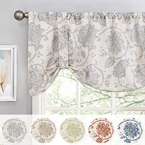 JINCHAN Valance Curtain Kitchen Farmhouse Window Valance for Living Room Linen Scroll Paisley Valance for Bedroom Bathroom Decor Floral Printed Tie Up Valance 18 Inch 1 Panel Rod Pocket Grey on Beige