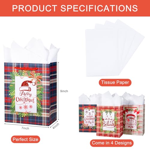 Image of Loveinside Christmas Gift Bags Set, Gold Foil Holiday Wreath & Plaid Design, Medium Size Bags with Handle, Tissue Paper for Christmas Gifts & Party Favors, 4 Pack, 7 inch X 4 inch X 9 inch