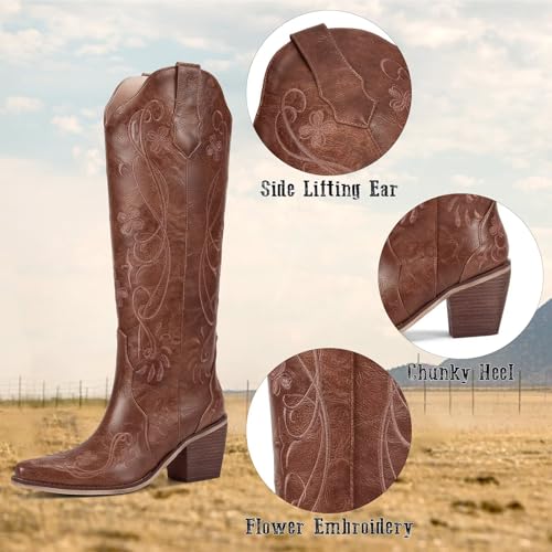 Image of wetkiss Knee High Cowboy Boots for Women, Stable and Comfortable | Western Style,Cowgirl Boots,Versatile,Pull On,Various Occasions,Non-slip Sole,Bohemian Rural Style
