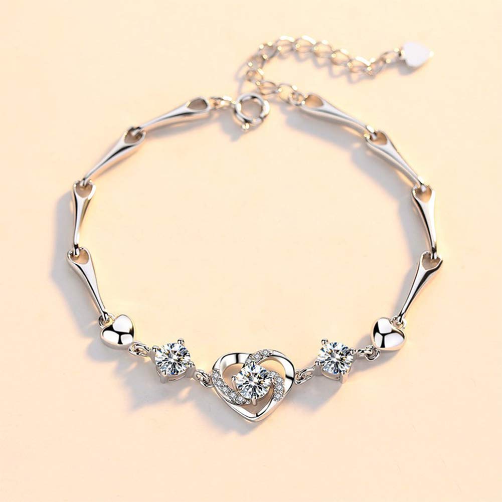 Pulsera de Plata con Cristales de corazón para Mujer, Pulsera de Plata Ajustable con dijes, 20 cm / 8 Pulgadas