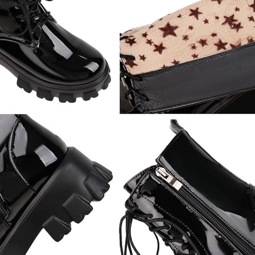 Women's Goth Lace Up Chunky High Heel Combat Boots Patent Round Toe Side Zipper Platform Lug Sole Motorcycle Rider Ankle Booties2