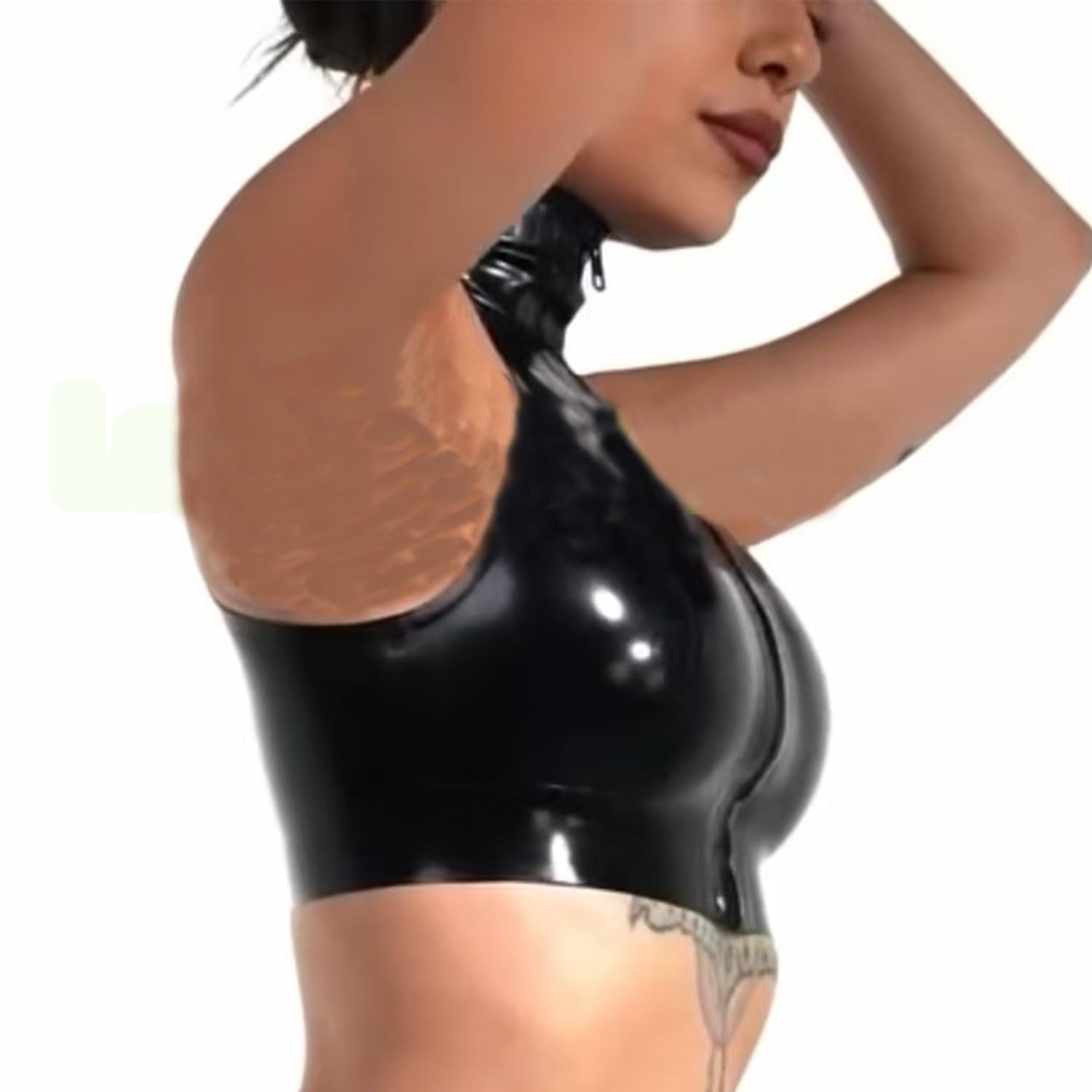 Moda Negro Chaleco Cuello Alto Látex Hecho con Cremallera Frontal,Látex Camisola Mujer,Adecuado Disfraces Cosplay