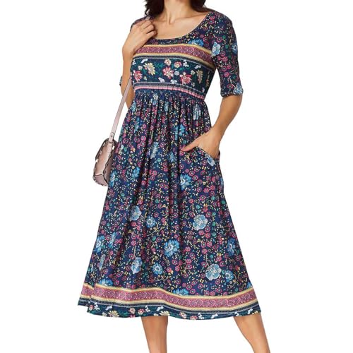 Image of Women's Boho Floral Maxi Dress Casual Boho 2026 Summer Short Sleeve Beach Dresses with Pockets