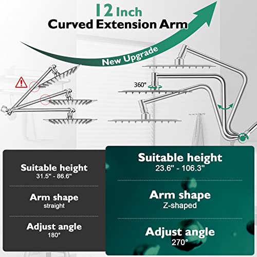 Pinwin Dual Filtered Shower Head,Upgraded 10''Rain Shower Head With 12'' Z-Shaped Adjustable Extension Arm & 9-Setting High Pressure Handheld Shower Head Combo,Shower Head Filter For Hard Water,Chrome #TOP2