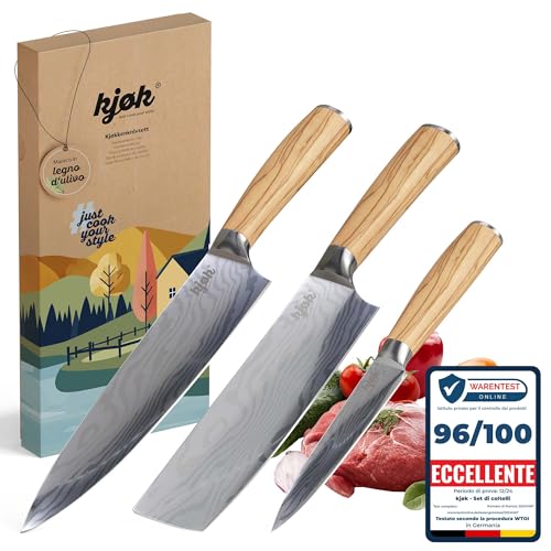 kjøk Set di 3 coltelli da cucina giapponesi 58±2 HRC – nakiri, coltello da chef asiatico 20 cm e spelucchino 13 cm – manici in legno d'olivo, custodie incluse – per verdure, carne e pesce