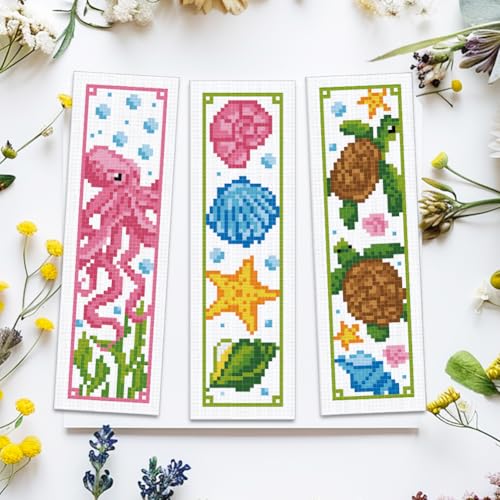 Image of ACRNIGHEET 6PCS Cross Stitch Bookmark Kits Marine Animals Pattern Stamped Cross Stitch Kits for Beginners Adults DIY Stamped Embroidery Bookmarks with Instructions Hand Embroidery Craft Gift 11CT