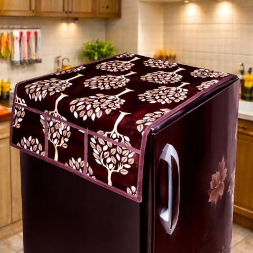Image of REVEXO Refrigerator Single Door, Dustproof, Protective Cover for Fridges with Extra Storage Space Knit Top Cover with 6 Storage Pockets (130 x 54 cm) (Multicolour) REV-93