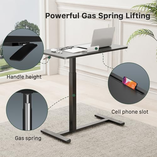 Image of Gibbon Mounts Mobile Standing Desk, Pneumatic Adjustable Rolling Desk(31.5 Inches), Portable Laptop Desk with Wheels, Overbed Bedside Table Laptop Table for Couch, Home, Office, Black
