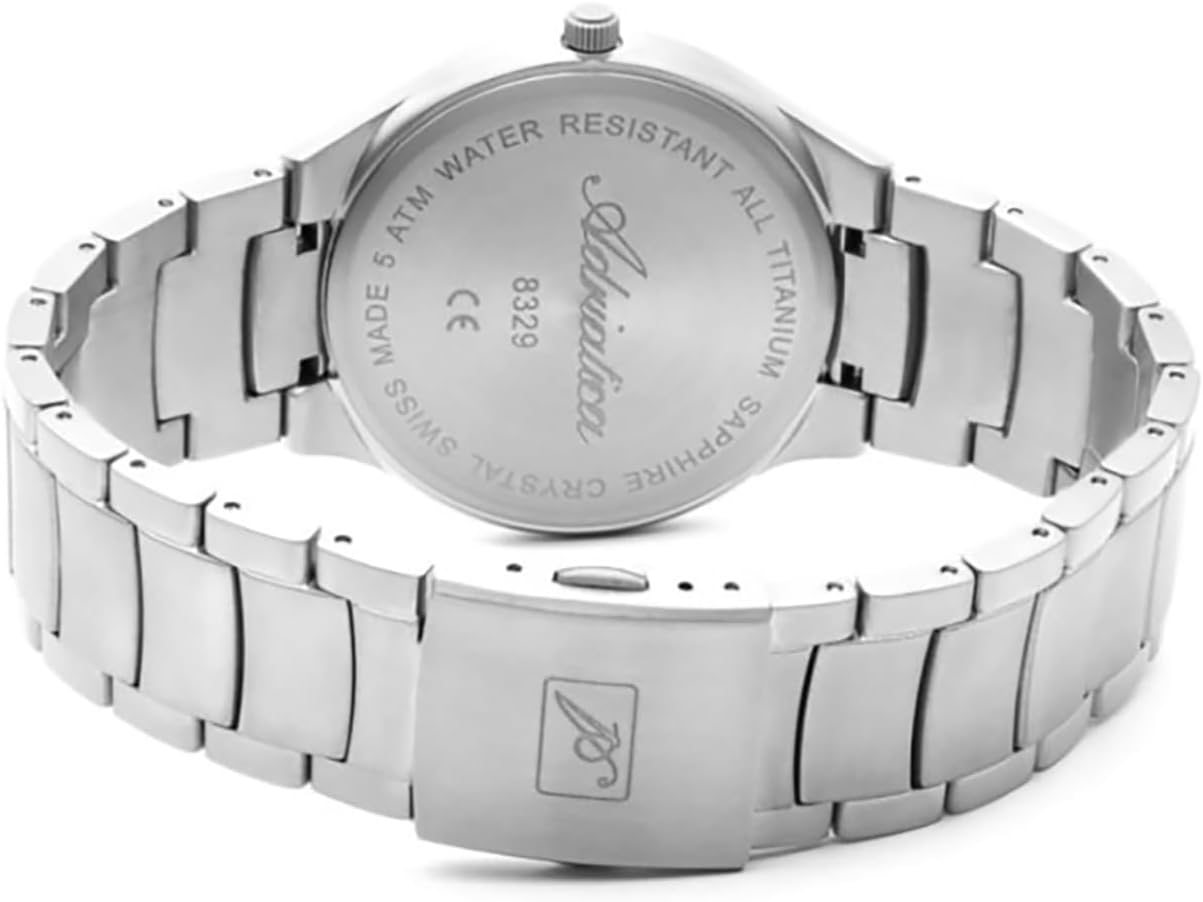 Back view of the Adriatica Premiere A8329.4114Q men's watch, showing the case back with engravings and the titanium bracelet clasp.