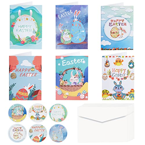 Accjzzlyn Osterkarten mit Umschlägen, 6 schöne frühlingshafte Mini Grußkarte für Kinder, A7 Klappkarten mit buntem Osterhasen und Osterei Muster Cover