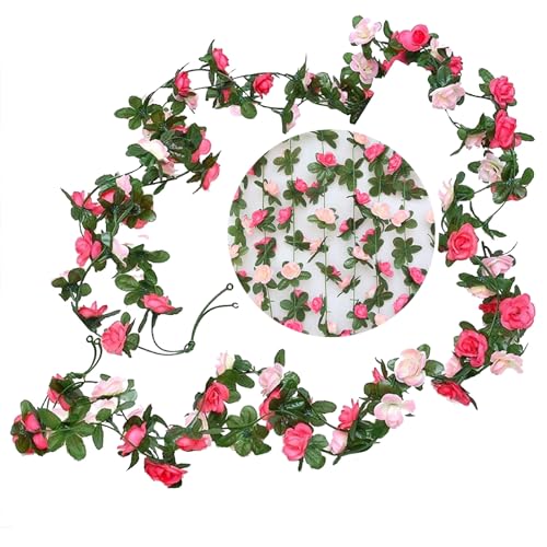 DINGFENG Blumengirlande (2er Pack) - 2,45m Künstlich Rosenblüten Girlande Hochzeit Dekoration in Pink & Magenta Outdoor | Wetterfeste Blumen Girlande Set für Balkon, Blumenwand & Türkranz Sommer