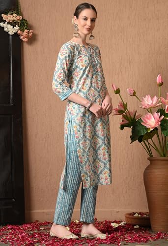 Image of Amazon Brand - Tavasya Womens Floral Printed Regular Pure Cotton Kurta with Trousers & Dupatta | Kurta Set | Salwar Suit | Ethnic Wear
