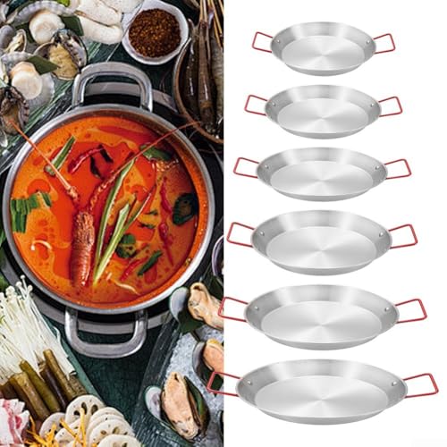 Sartén de acero inoxidable para paellas, plato para servir, wok, bandeja de aperitivos para el hogar, restaurante, catering, versátil, fácil de limpiar, 18-28 cm, plata (22 cm)