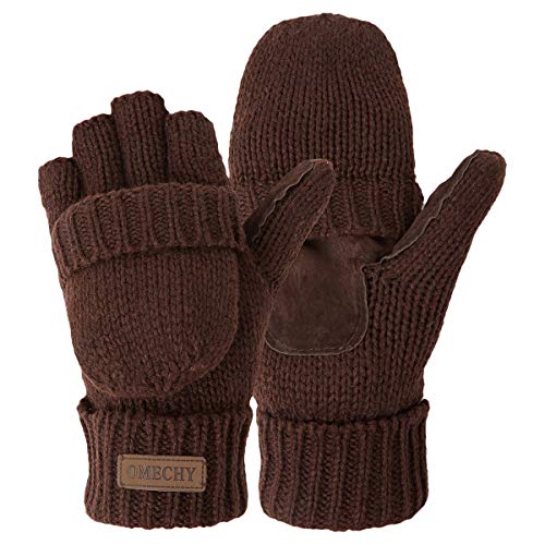 OMECHY Winter Knitted Fingerless Gloves Thermal Insulation Warm Convertible Mittens Flap Cover for Men Women (brown, One Size)