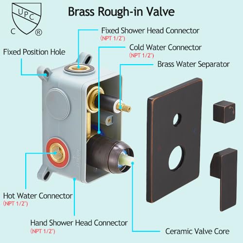Image of Shower Faucet Set Complete, Wall Mount Shower System for Bathroom 12 Inch High-Pressure Rainfall Shower with Handheld, Rough-in Valve Body and Trim Kit, Oil Rubbed Bronze
