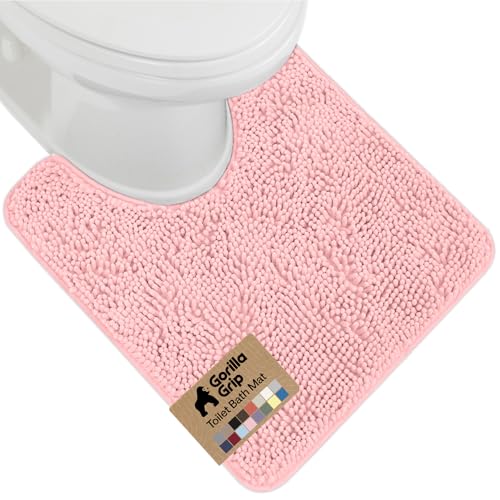 Image of GORILLA GRIP Plush Absorbent Shaggy Chenille Bath Rug Mat for Oval Toilet Base with Rubber Backing, Machine Washable Rugs, Soft Microfiber Contour Mats for Toilets, Bathroom Decor, Lt Pink