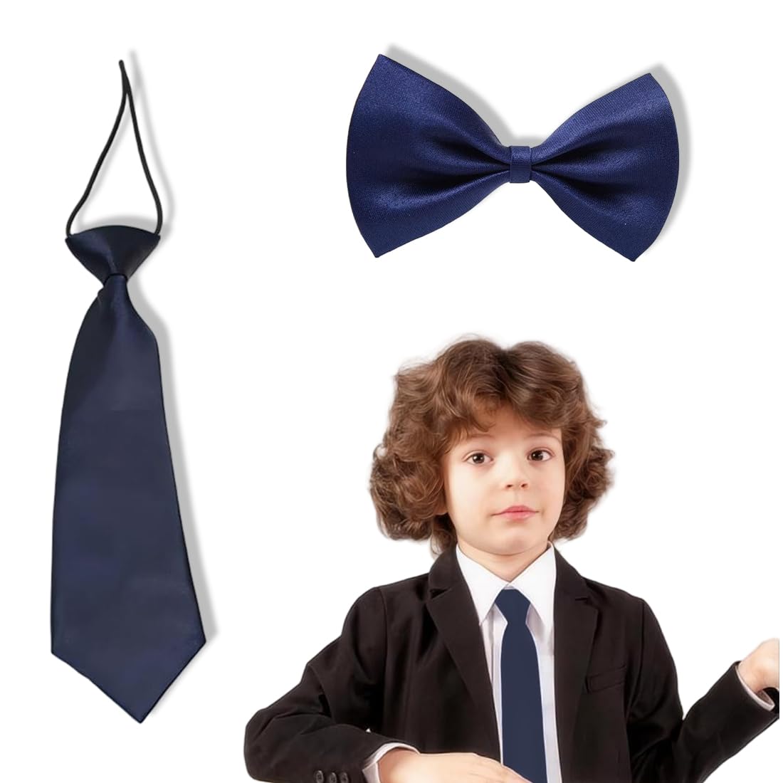 Pajarita Infantil, Corbata para Niños, Pajarita y Corbata Pre-Atada Ajustables de Seda para Graduaciones y Bodas,¡Ideal para cualquier ocasión especial,Azul Marino