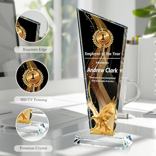 Image of Custom Crystal Trophy Award Personalized Plaque Award with Text Logo Photo Awards Trophies for Employee Recognition Team Graduation Personalized Office Gifts for Boss Coworker Teacher