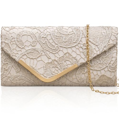 Larcenciel Pochettes et Clutches Femme, Sac à Main Femme Blanc Cassé Sac de Soirée en Bordée de Dentelle avec Chaîne, Chic Pochette Enveloppe Bandoulière...