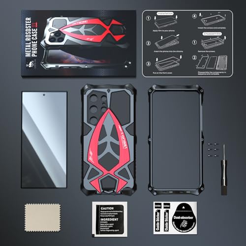 Image of Lunivop For Samsung Galaxy S24 Ultra Case 2024 Metal Phone Hard Shell Case Para Screw(With Soft Screen Protector) Heavy Duty Rugged Military Grade Black Red