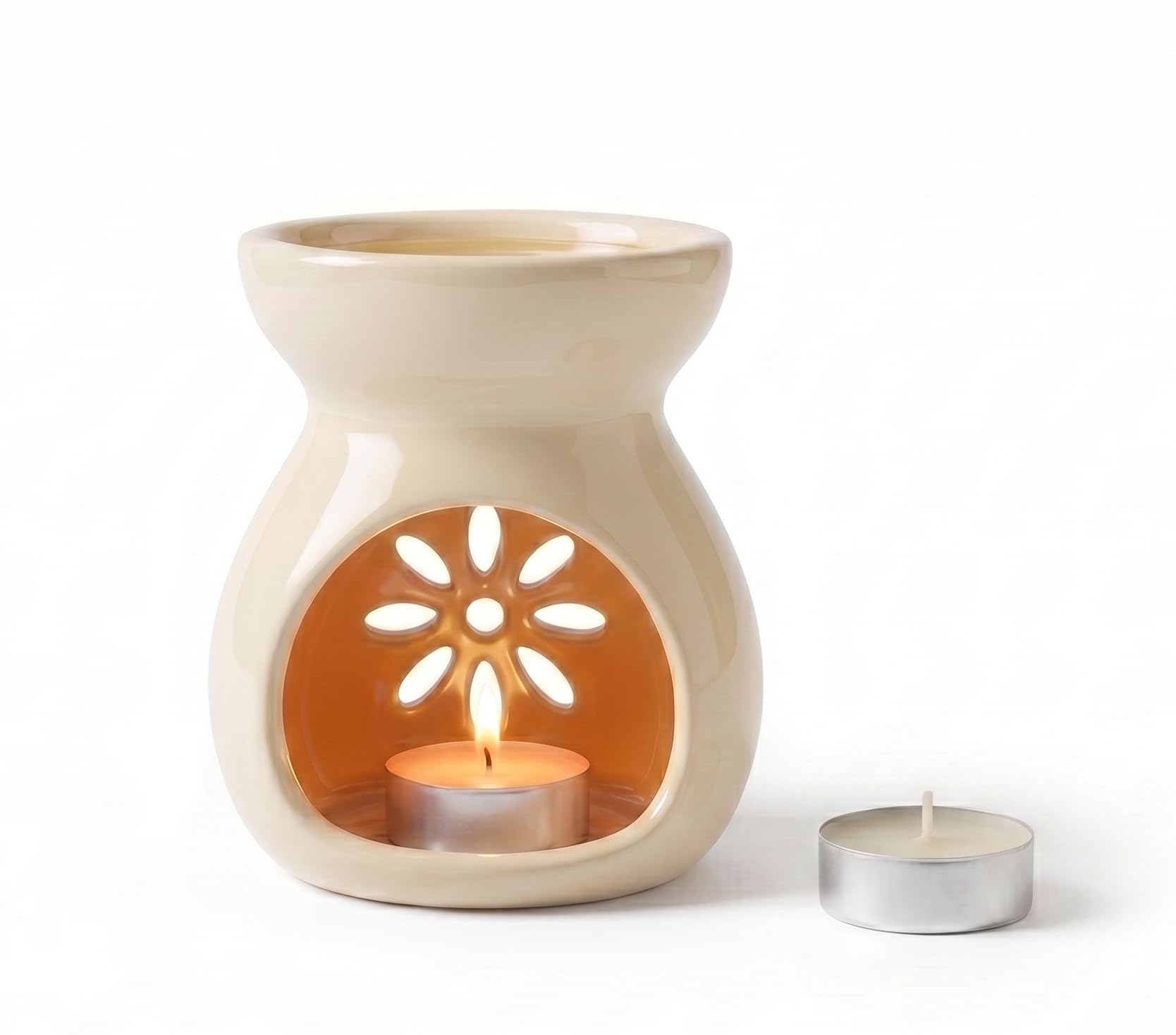 Ceramic Aroma Oil Diffuser with Tealight Candle | Aroma Burner for Essential Oils, Wax Melts & Fragrance | Decorative Candle Holder for Home, Bedroom, Living Room & Spa Decor (Ivory White)-image-36