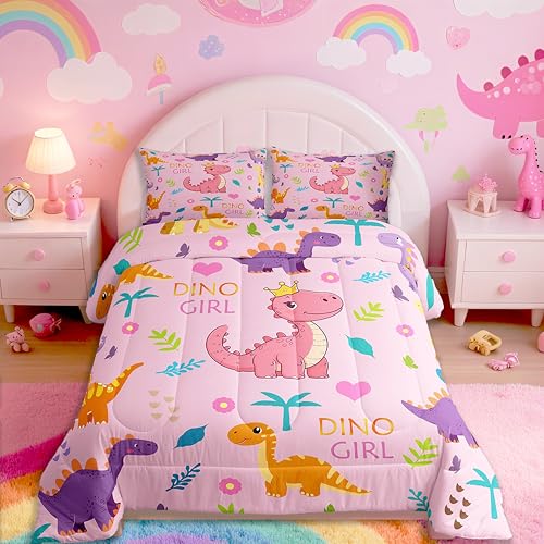 meiyoeat Pink Dinosaur Comforter Set Full Size Kids Girls Jungle Dino Bedding Set for Boys Teens Wild Animal Duvet Insert Breathable Tree Plant Quilt Bedroom Decor,1 Comforter with 2 Pillowcase