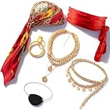 Exacoo Pirate Costume Women Accessories Red Bandana Pirate Scarf Belt Jewels Necklace Eye Patch Sash Jewelry Hair Accessories Disfraz Pirata Mujer Gasparilla Outfits Halloween Costume