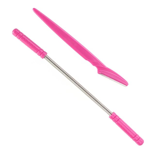 2pcs Womens Facial Hair Remover Kit Face Razor Eyebrow Shaper Spring Epilator for Forehead Cheeks Chin Pink