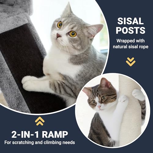 Image of Allewie 68 Inches Cat Tree /House and Towers for Big Feline /Scratching Post /Multi-Level Large Kitty Climbing Tree with Condo /Black & Grey