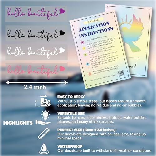 Image of Girly Car Accessories for Women, Valentine Stickers, Pink Car Stickers and Decals - 3Pcs Pink Heart Hello Beautiful Rearview Mirror Decal, Cute Car Decorations, Stickers for Window, Laptops, Bottles