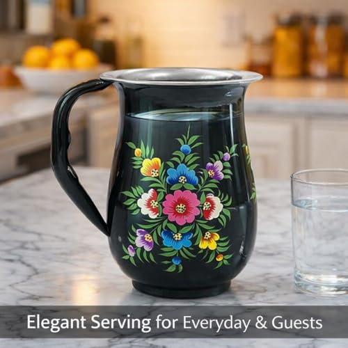Image of iHandikart Handpainted Stainless Steel Water Jug | Black Floral Design Steel Pitcher for Water, Juice & Milk | Decorative Serving Jug for Kitchen, Dining & Home Decor | 8 x 6 Inch