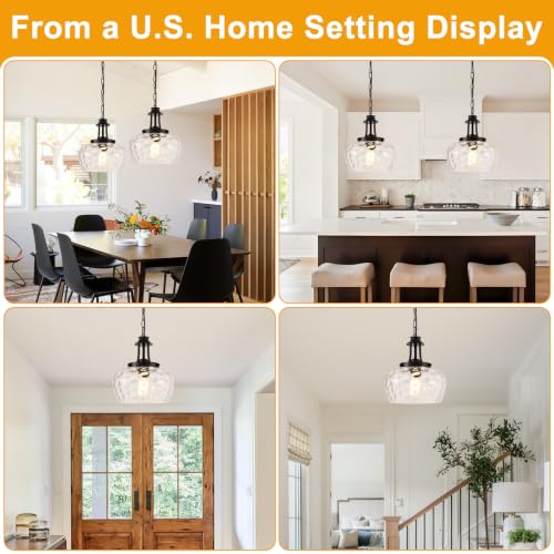Image of Plug in Pendant Lights Kitchen Island, Modern Matte Black Pendant Light Fixtures with 10 inch Clear Hammered Glass Shade, Industrial Hanging Pendant Lights Fixture for Kitchen Island Dining Room Entryway