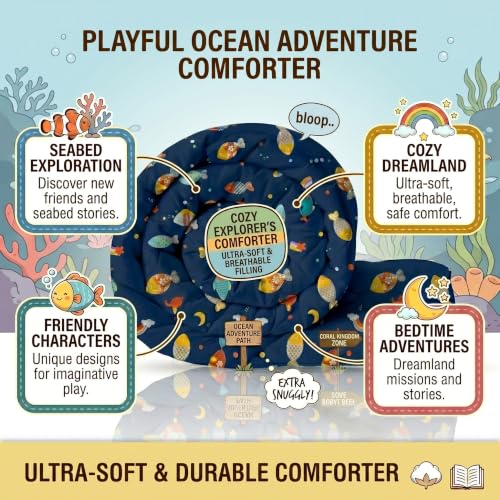 Image of Filymore Single Bed Cartoon Printed Blankets for Kids | Dohar for Kid Boys & Girls | Glace Cotton Soft Children Comforters | Summer & Winter Blankets (60x90 Inches) (Fish Blue)