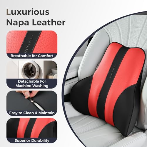 Image of Coverado Lumbar Support Pillow for Car, Ergonomic Memory Foam Back Pillow for Office Chair, Back Cushion for Back Pain Relief, PU Leather Car Lumbar Support for Driving Seat