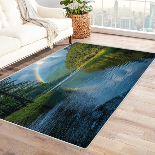 BOHUO 3D Alfombra Salón Habitación Flores Bosque del Lago Plantas Alfombras Impresas para Habitaciones, En Casa, Espacio Decorativo, Sofá Carpet（Verde-150x180cm
