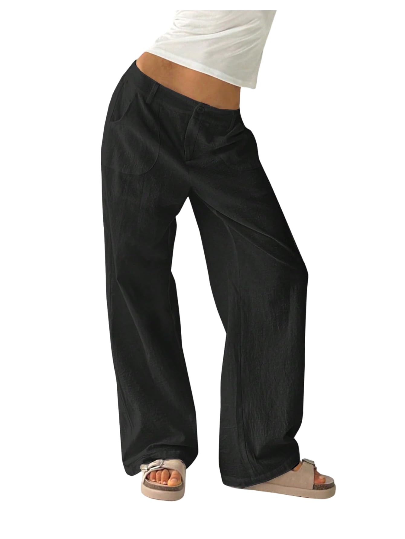 Verdusa Womens Ultra Low Waist Straight Leg Pants Casual Loose Trousers with Pockets