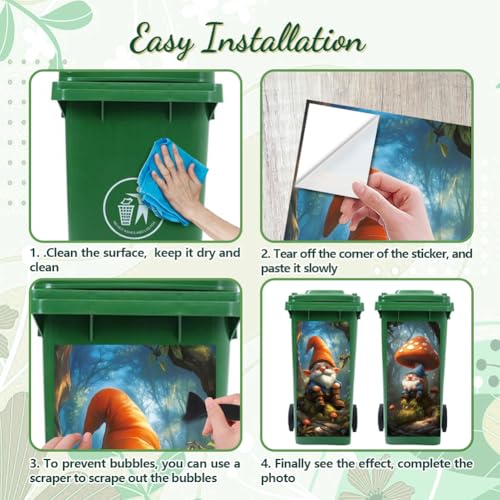 Image of Peacoblue Wheelie Bin Stickers 2 Sheets Forest and Gnomes Sticky Dustbin Stickers Decals, 15 inch x 32 inch Waterproof Large Wraps for Trash Cans Bins Fridges Door Wall Garden Outdoor Indoor Patio Decor