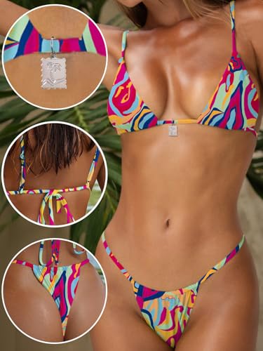Image of OWICA Women's Sexy Triangle Bikini Sets Cheeky Thong Swimsuit Adjustable Spaghetti Straps Bathing Suit