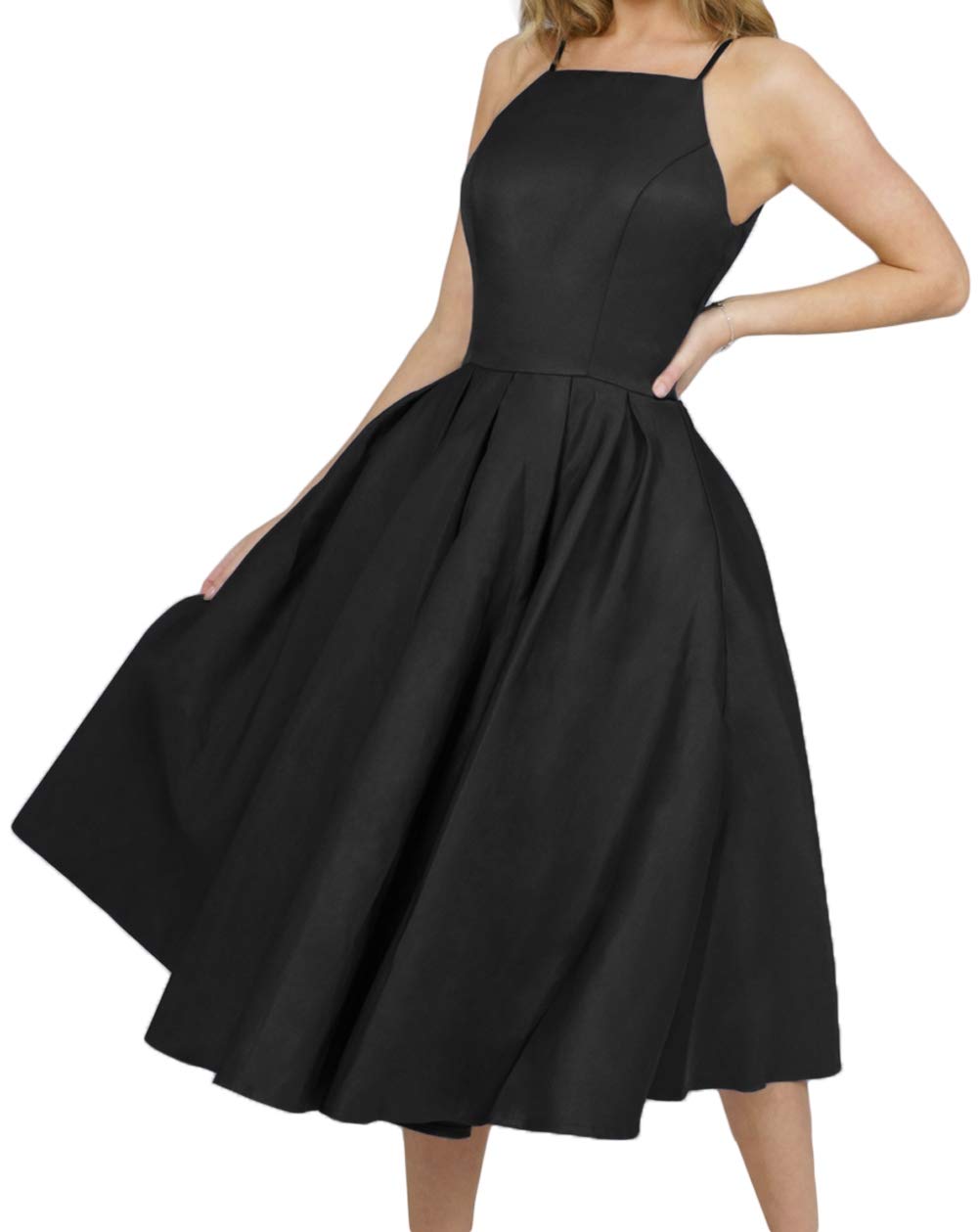 Women's Black Spaghetti Strap High Neck Midi Dress ((US 4-6) S)