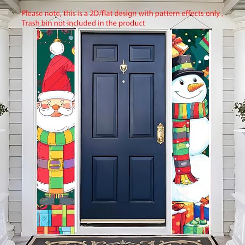 Image of Christmas Couplets Banner 71 x 12 Inches Santa and Snowman Cartoon Design with Gift Boxes and Ornaments Festive Vertical Door Hanging Decoration for Holiday Entryway Porch or Home Party Scene