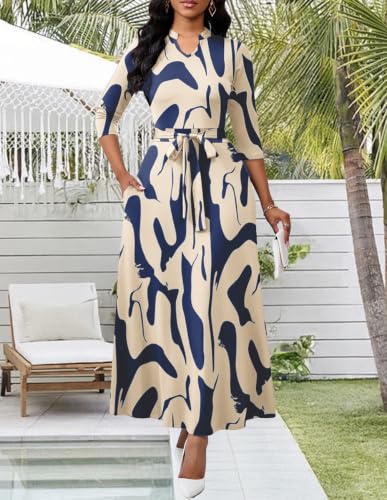 Image of BubFee Maxi Dresses for Women Semi Formal Long Dress 3 /4 Sleeve Casual A-line Church Dresses with Pockets