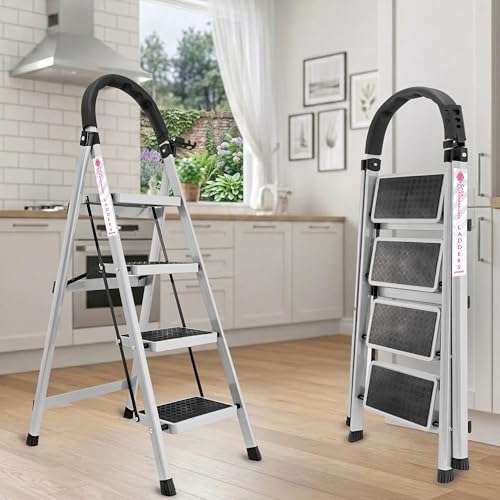 Image of Casa Copenhagen White 4 Step Ladder for Home Use with Built-in Tool Tray | Heavy Duty D Shape Rods | Ultra Large Platform | Wide Rubber Feet | 150Kg Capacity Foldable Ladder - 7 Years Warranty