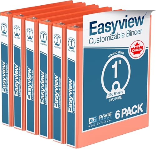 Image of Easyview 3-Ring Binder, Clear-View Cover, 1 inch Round Rings, Orange, 6 Pack | Heavy-duty binder, fits 8.5 inch x 11 inch paper, customizable cover, made in Canada, ideal for school or office use
