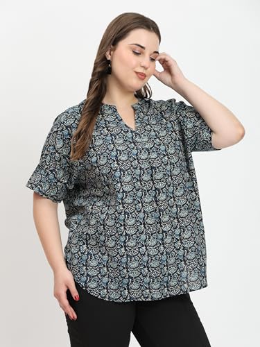 Image of SINDOORI Relaxed Fit Tops for Women Plus Size Solid Printed Mandarin Collar, Band Collar, V-Neck Top, Half Sleeve Loose Fit