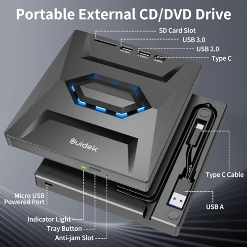 Image of SUIDEK External CD DVD Drive for Laptop, USB C Portable CD /DVD + /-RW Burner DVD Player with SD Card Reader USB 3.0 Type C Hub Compatible with Laptop PC Windows Linux